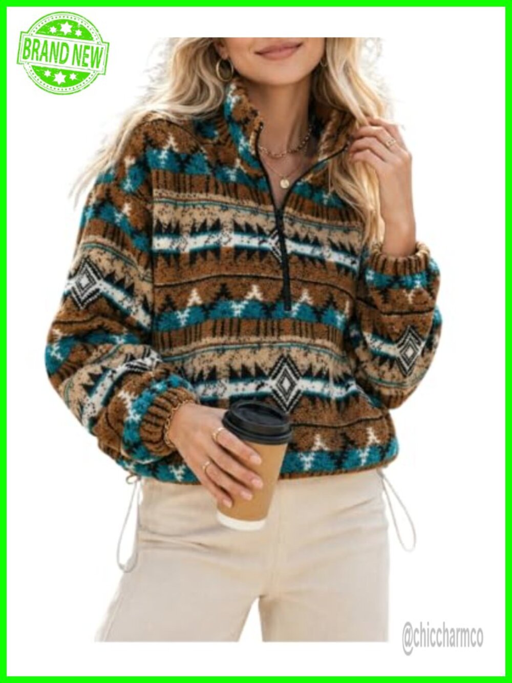 Western Aztec Cropped Half Zip Sherpa Fleece Sweatshirt Pullover Top